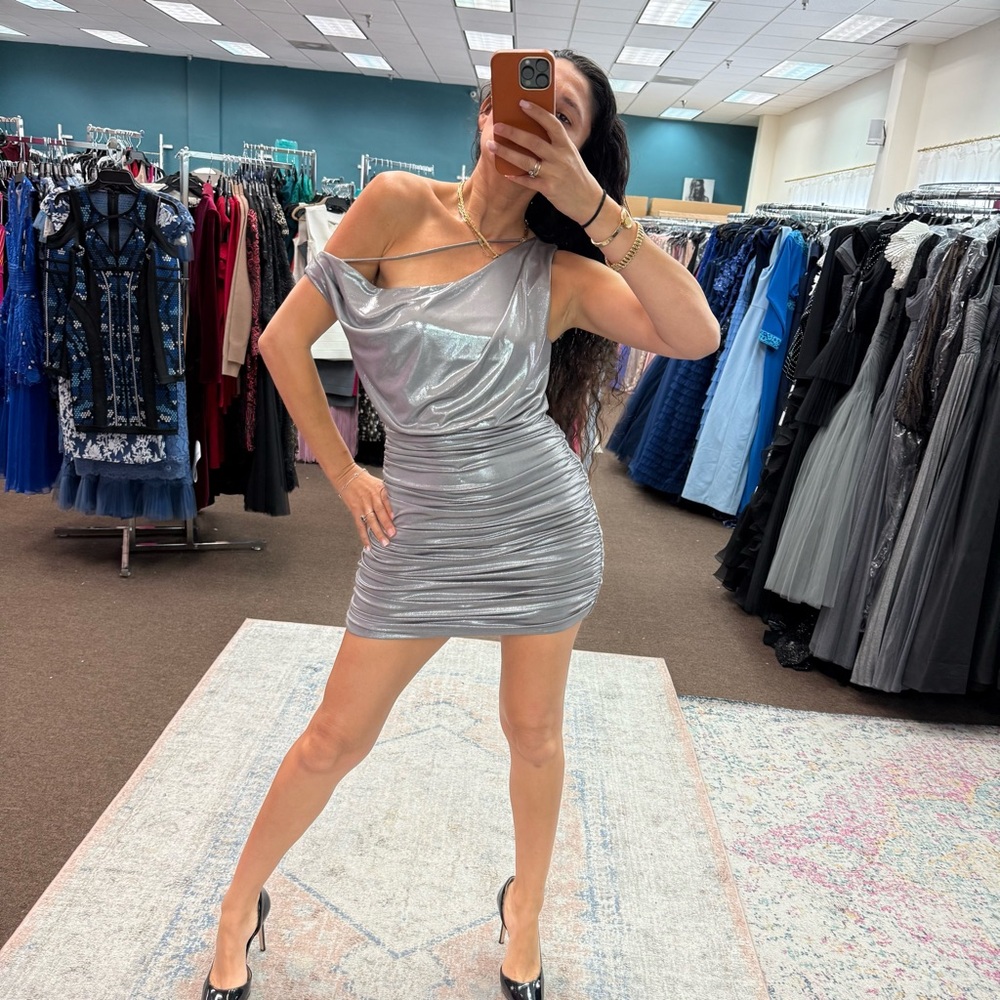 BCBGMaxAzria Metallic Dark  Silver One-Shoulder Dress SPL